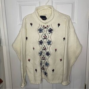 Weekend Edition Vintage Knitted by Hand Cream Turtleneck w/ Floral Small